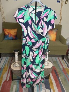 Floral Wrap Midi Dress in Navy, Pink & Green